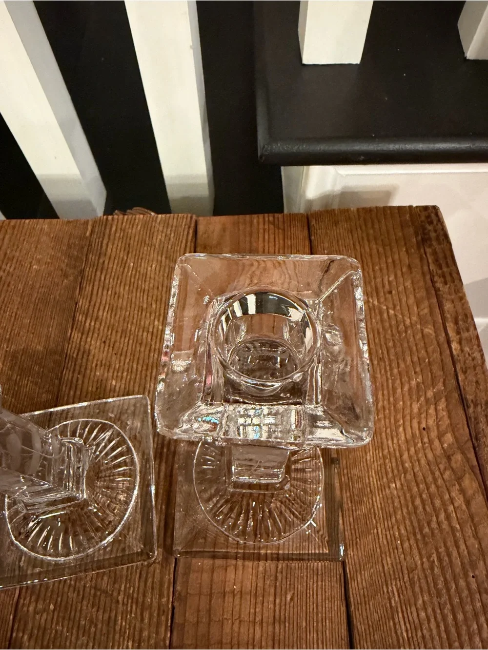 Pair of Vintage Clear Glass Etched Floral Candlesticks